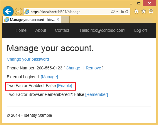 Image after clicking user I D showing two-factor authentication enable link