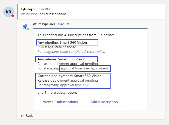 Create bulk subscriptions in Azure Pipelines app for Microsoft Teams.