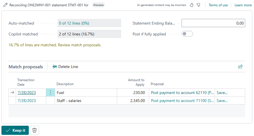 Shows the transfer to G/L with copilot proposed matches page for bank account reconciliation