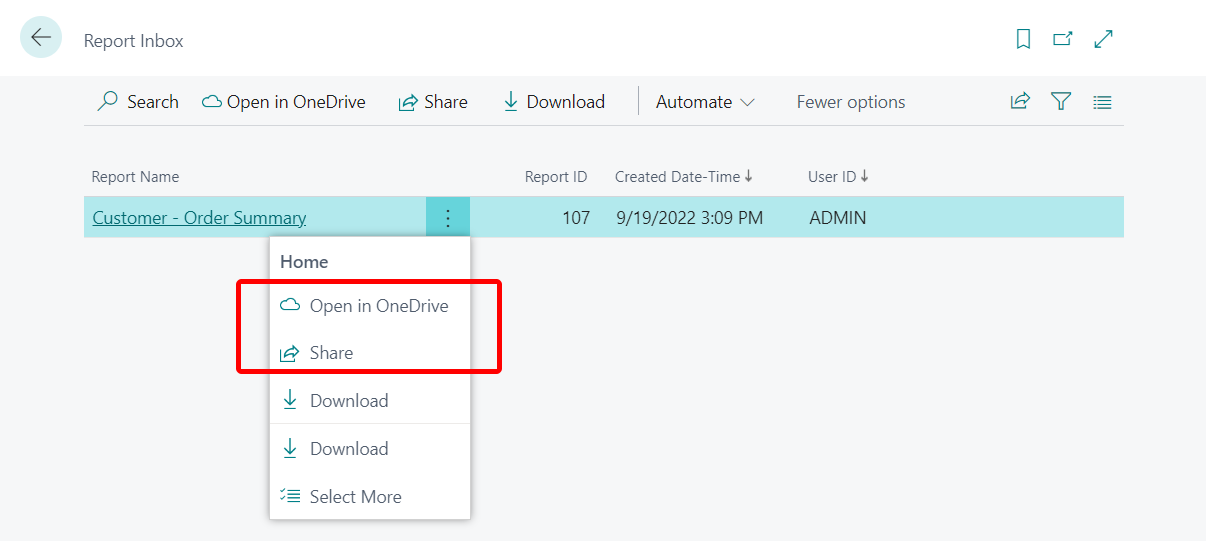 The Open in OneDrive and Share actions for reports