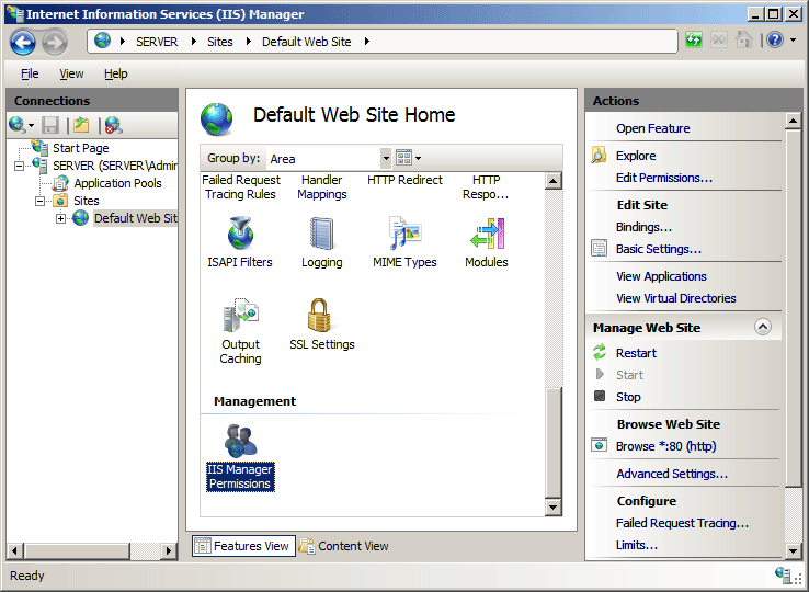 Screenshot of the Default Web Site Home page with the I I S Manager Permissions option being highlighted.
