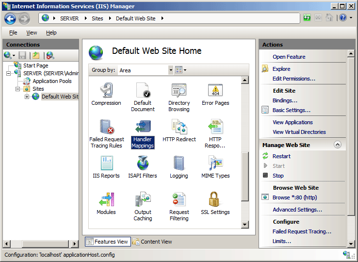 Screenshot of Home pane with Handler Mappings feature selected.