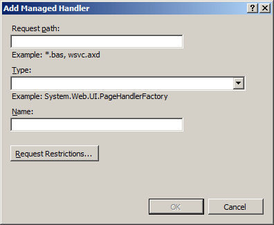 Screenshot shows Add Managed Handler dialog box with fields for Request Path, Type and Name.