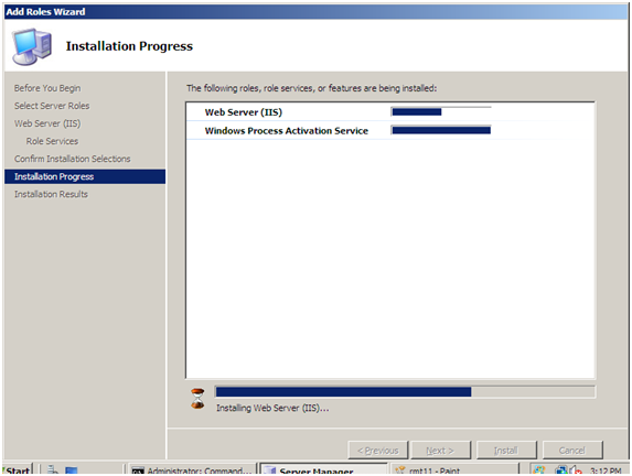 Screenshot of the Add Roles Wizard Installation Progress dialog box.