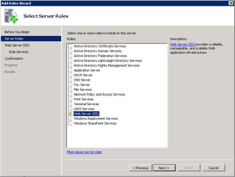Screenshot of the Add Roles Wizard on the Select Role Services page. Web Server I I S is selected and highlighted in the menu.