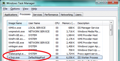 Screenshot of the Windows Task Manager screen with a focus on the w 3 w p dot e x e file in the Image Name field and the DefaultAppPool identity in the User Name field.