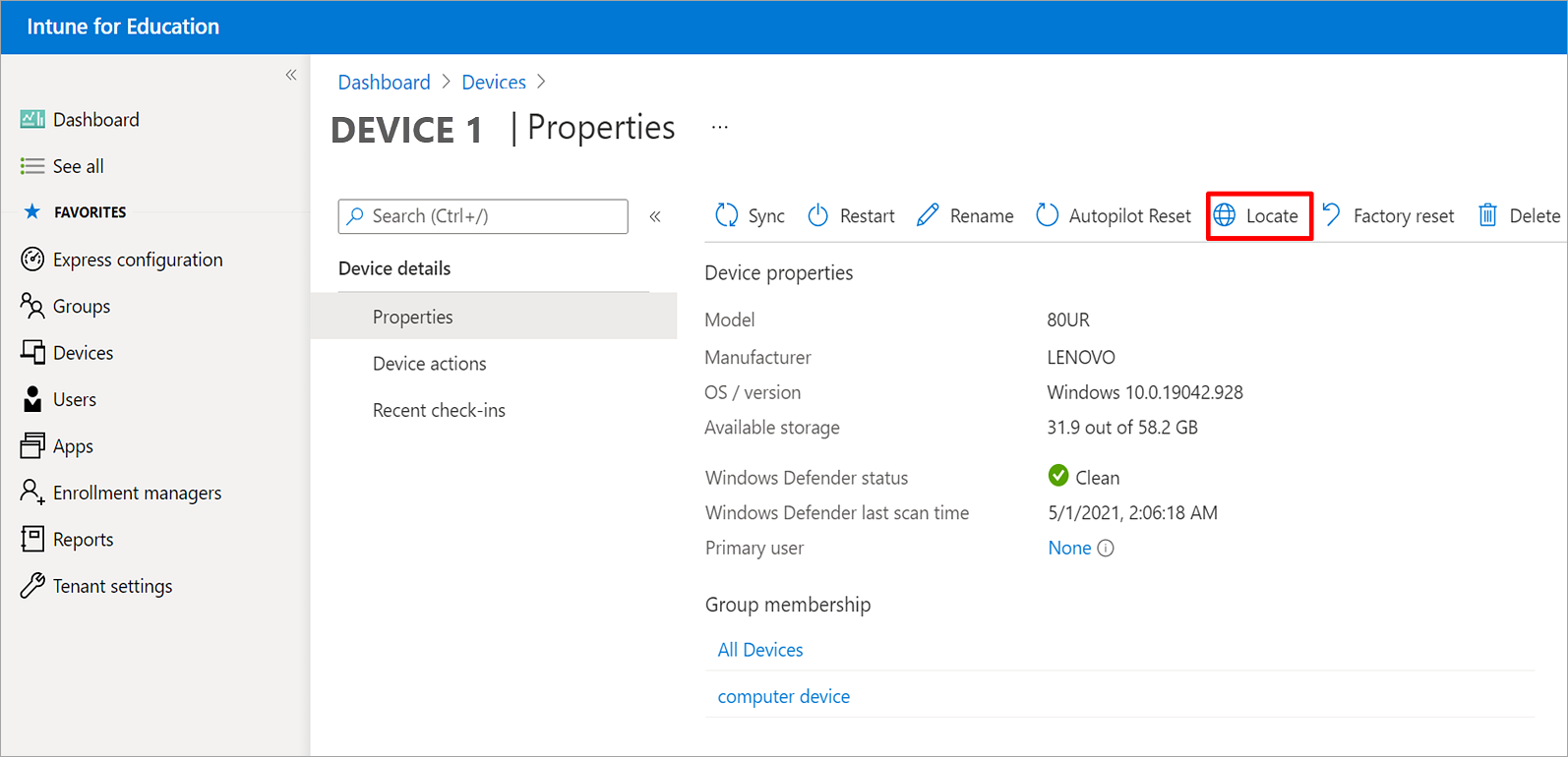 Screenshot of the Intune for Education device properties page for a selected device, highlighting the new Locate action at the top of the page.