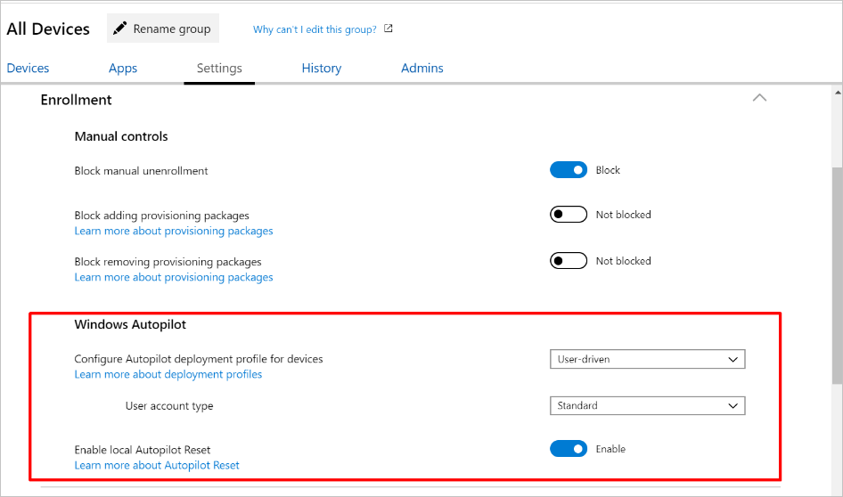 Screenshot of All Devices group, Enrollment settings, highlighting Windows Autopilot section.