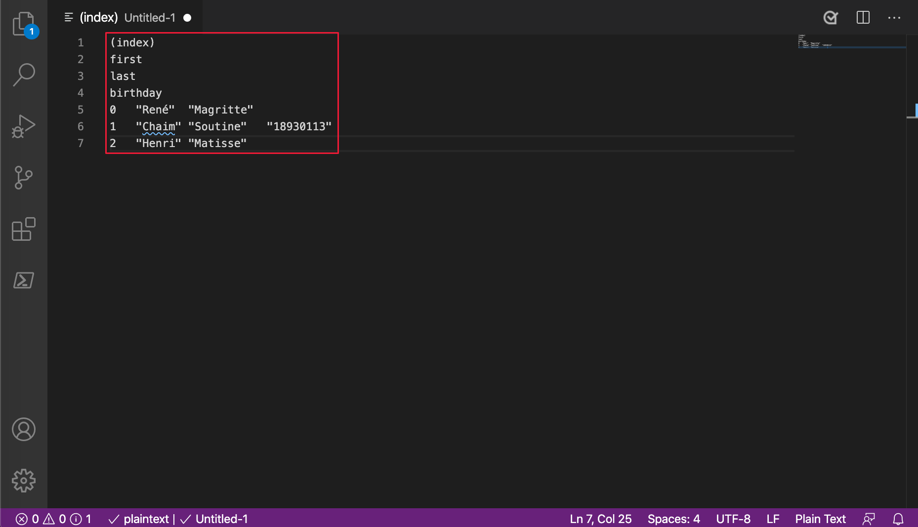 table Console API output from Microsoft Edge 86 or later pasted into Visual Studio Code