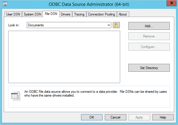 Screenshot of the O D B C management utility with the File D S N tab selected.