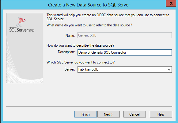 Screenshot showing the configuration wizard with an example description and server name, and a Next button.