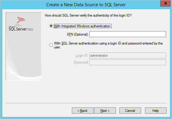 Screenshot showing the authentication step with the integrated windows authentication option selected and a Next button.