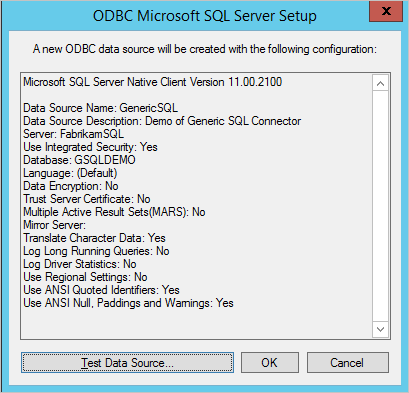 Screenshot showing the configuration details of the new O D B C data source and a Test Data Source button.