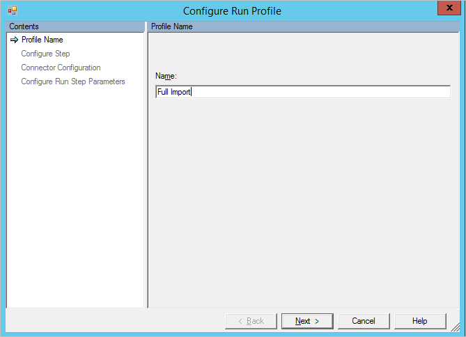 Screenshot showing the Configure Run Profile wizard with Full Import entered in the Name field, and a Next button.