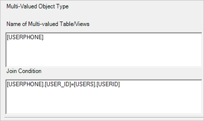 Screenshot showing multi-valued object type values entered for name and join condition.