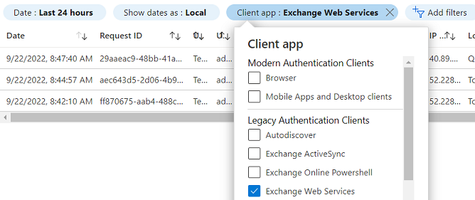 Select Add filters with the Client app = Exchange Web Services