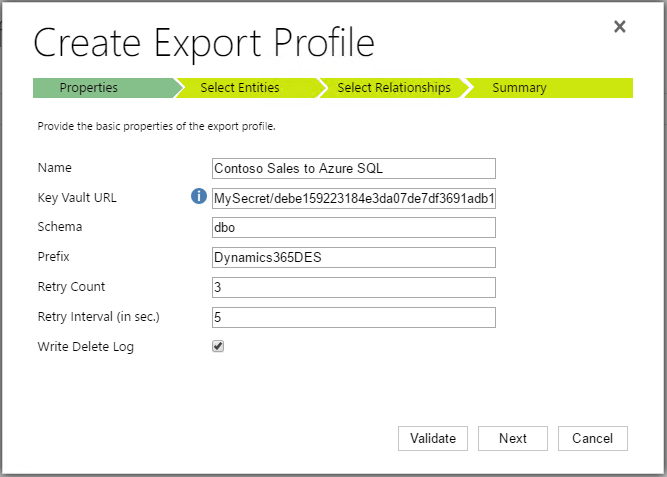 Properties tab in Create Export Profile dialog box.