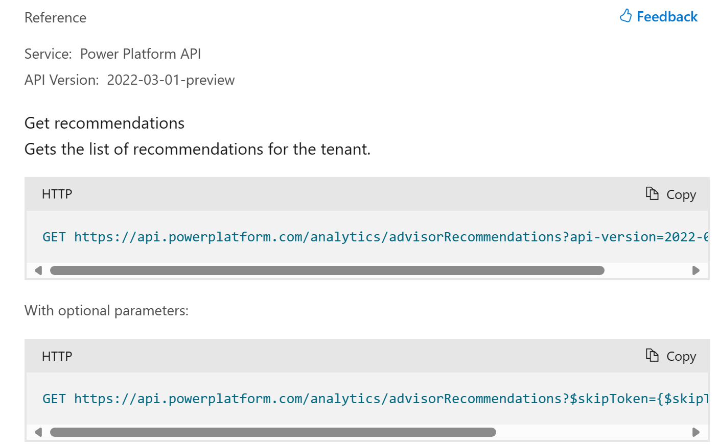Shows a restful API reference page with optional querystring parameters.