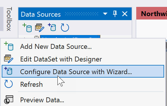 Screenshot showing Data Source context menu.
