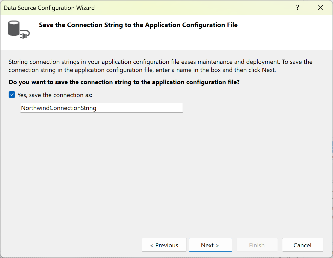 Screenshot showing option to save connection string to the application configuration file.