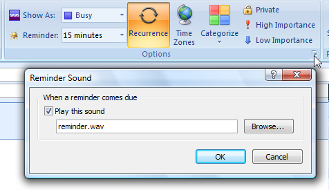 screen shot of reminder sound dialog box 