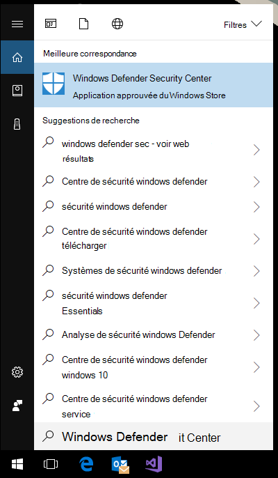 Capture d’écran du menu Démarrer montrant les résultats d’une recherche de Sécurité Windows, la première option avec un grand symbole de bouclier est sélectionnée.