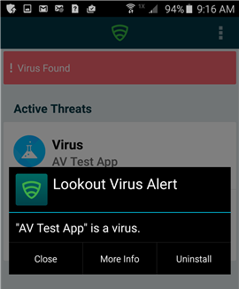 Example screenshot showing a Lookout Virus Alert message over the Lookout for Work app interface. Shows three buttons: "Close," "More Info," and "Uninstall."