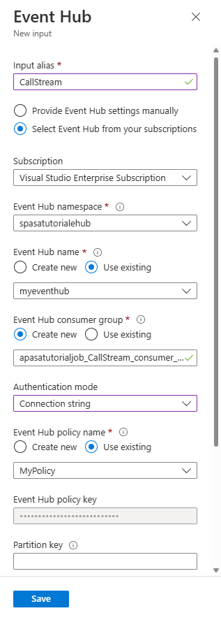 入力用の [Event Hubs 構成] ページを示すスクリーンショット。