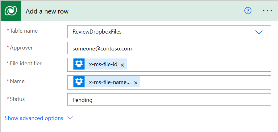 Screenshot of the configured Add a new row Dataverse action.