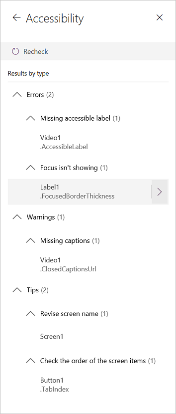 Accessibility checker pane and list of items.