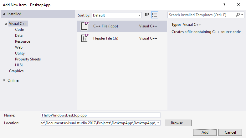Captura de tela da caixa de diálogo Adicionar Novo Item no Visual Studio 2015 com os seguintes itens selecionados: > Visual C++ e a opção Arquivo C++ realçada.