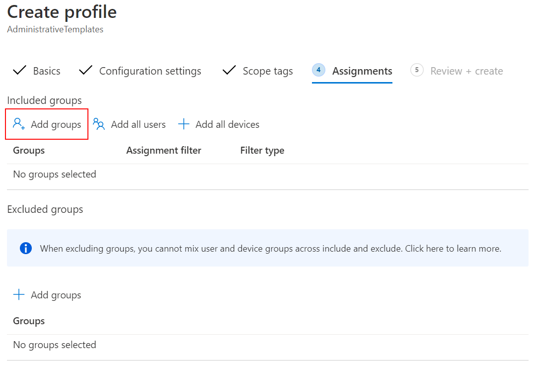Снимок экрана: назначение или развертывание шаблона политики ADMX для пользователей или групп в Центре администрирования Microsoft Intune и Intune.
