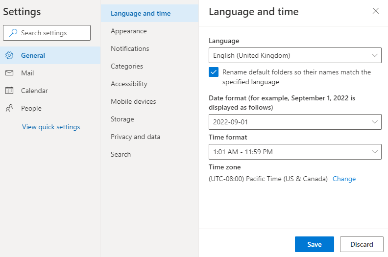 Снимок экрана: страница параметров OWA, на которой необходимо изменить язык, формат даты и времени.