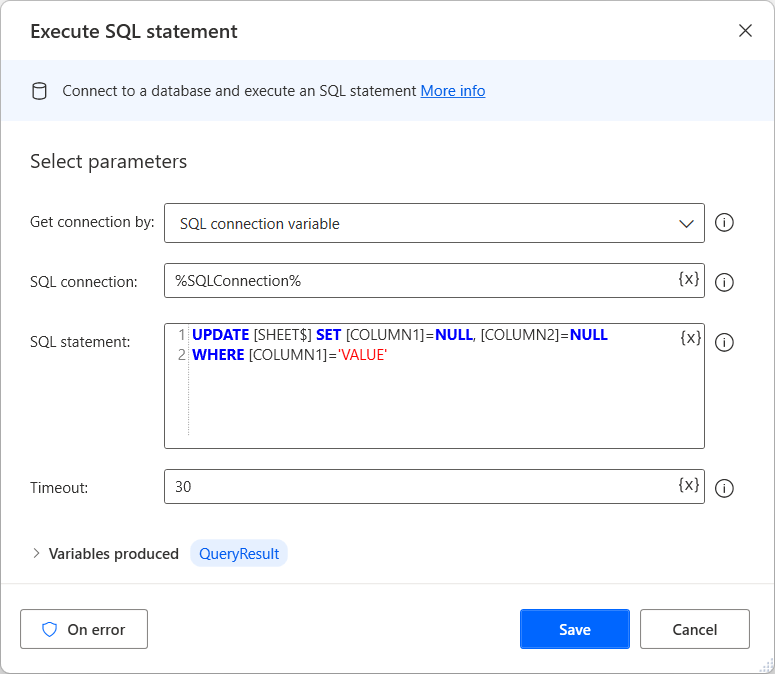Снимок экрана с инструкциями Выполнить SQL, заполненными запросом UPDATE.