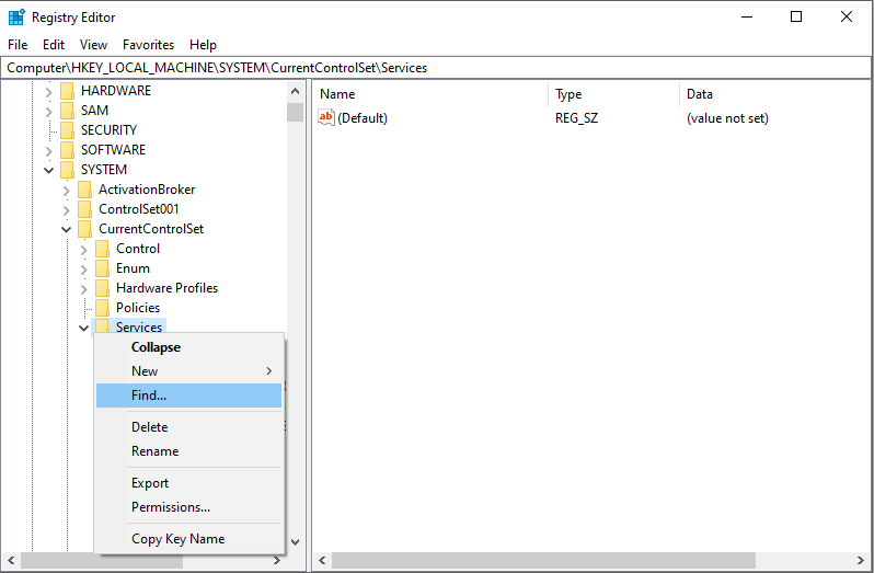 Снимок экрана: параметр поиска в разделе службы в реестре Редактор.