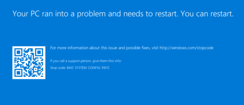 Снимок экрана: BAD_SYSTEM_CONFIG_INFO кода остановки Windows.