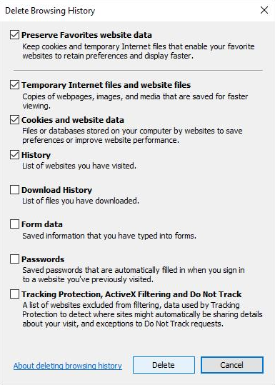 Снимок экрана окна «Удаление журнала браузера» с установленными флажками «Временные файлы Интернета», «Файлы cookie» и «Параметры журнала».