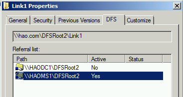 Снимок экрана: вкладка DFS в окне свойств общей папки, на которой показан UNC-путь в списке ссылок.