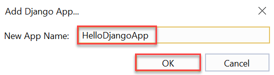 Menu command to enter a Django app name.
