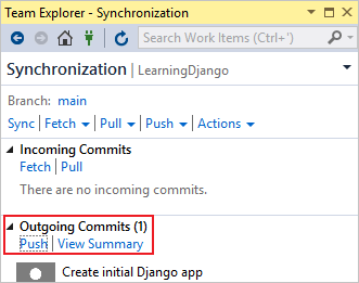 Push commits to remote repository in Team Explorer.