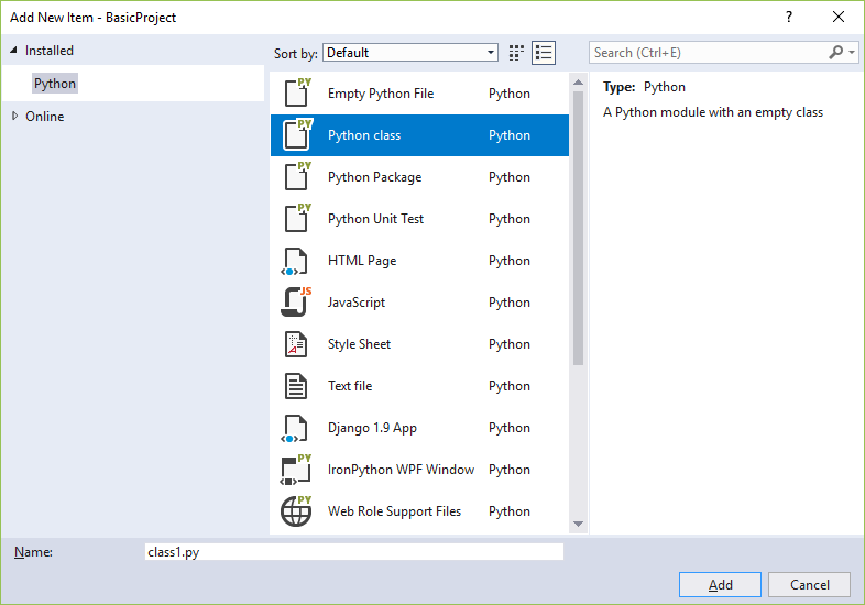 Add new item dialog in Visual Studio.