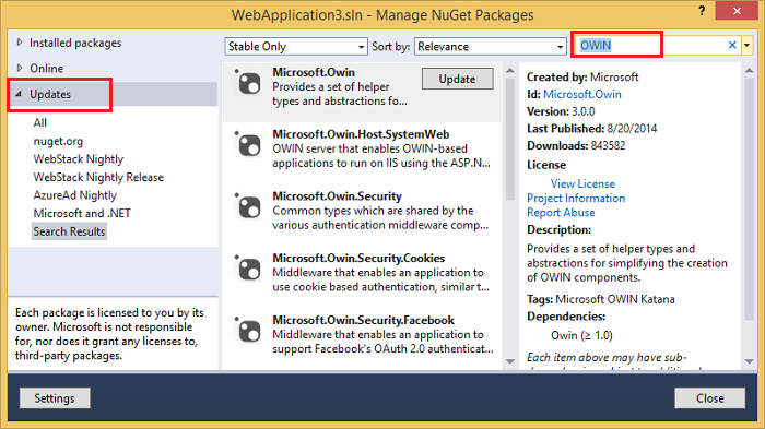 Screenshot that shows the Manage Nu GET Packages dialog box. The Updates bar and Search bar with OWN entered in it are highlighted. 