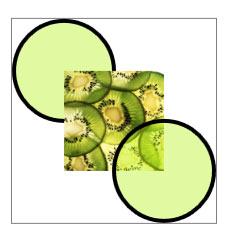 Illustration of a composite drawing showing a square filled with kiwi slices overlapping a black rimmed, green circle on the upper left with a black rimmed, green circle overlapping on the bottom right.