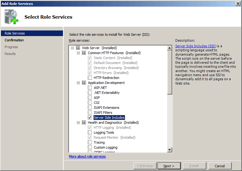 Screenshot of Server Side Includes selected under Application Development in an expanded Web Server list.