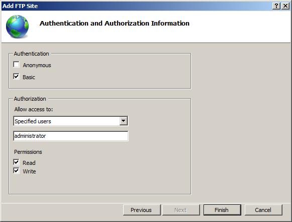 Screenshot of Wizard displaying Authentication set to Basic and Specified users chosen for Authorization with Read and Write in Permissions.