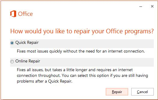 Office プログラムを修復するには、[クイック修復] オプションを選択します。