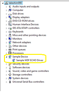 サンプルの WDF エコー ドライバーが強調表示されているデバイス マネージャー ツリーのスクリーンショット。