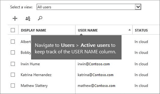 Microsoft 365 管理センターの username 列。
