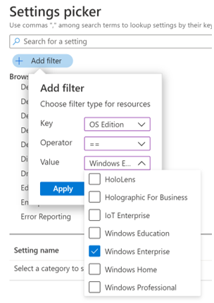 Microsoft Intuneおよび管理センターで Windows エディション別に設定リストをフィルター処理する場合の設定カタログIntune示すスクリーンショット。