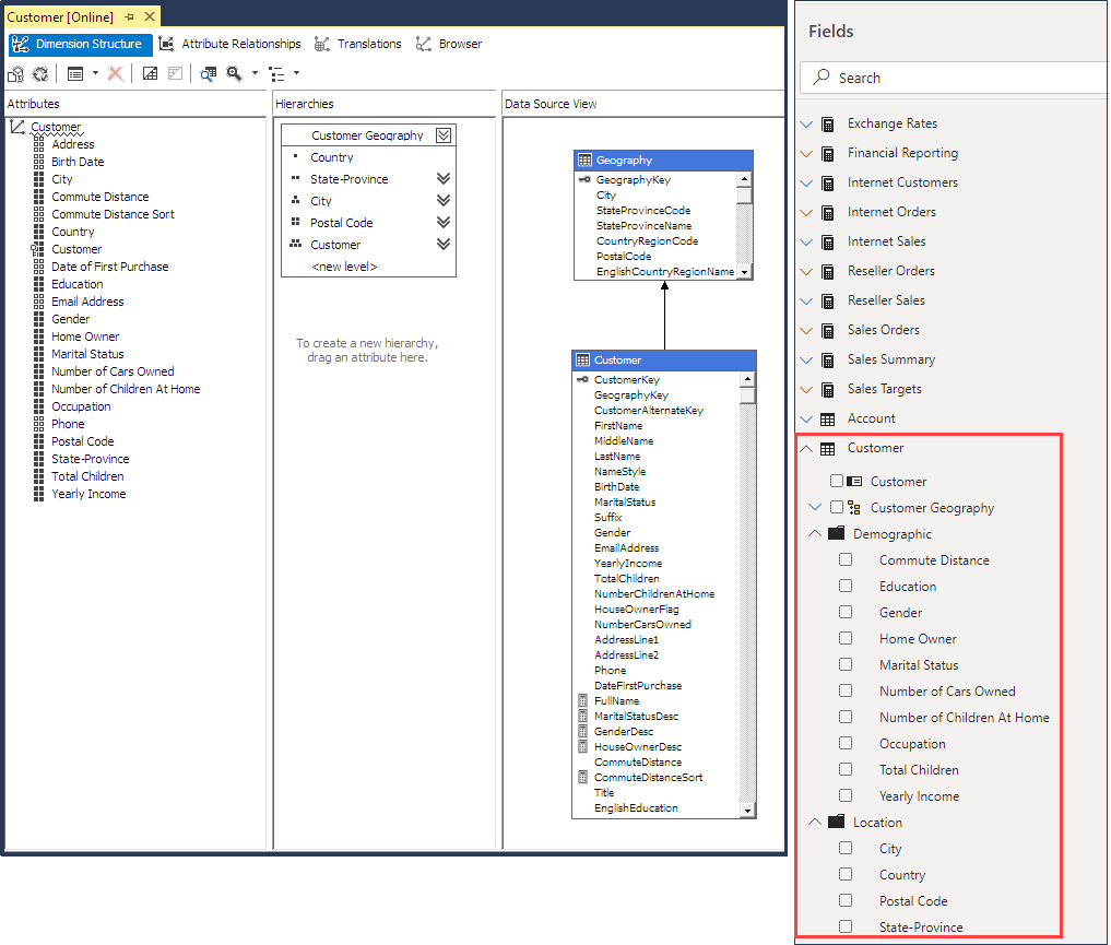 Dimensions, attributes, hierarchies in SSDT and Power BI Fields list